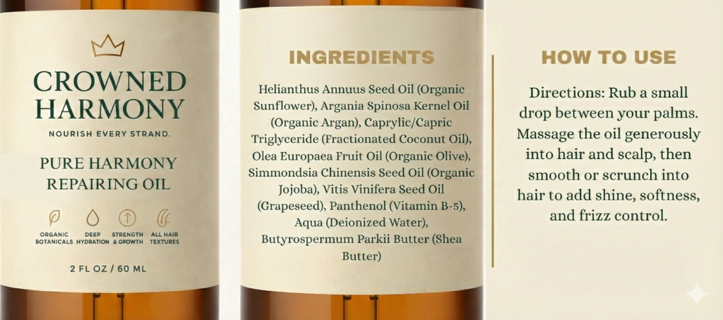 Crowned Harmony hair oil bottle with label showing ingredients and usage instructions.
