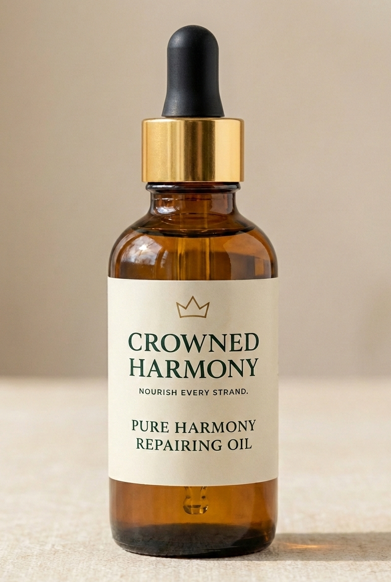 Bottle of Crowned Harmony Pure Harmony Repairing Oil on a neutral background