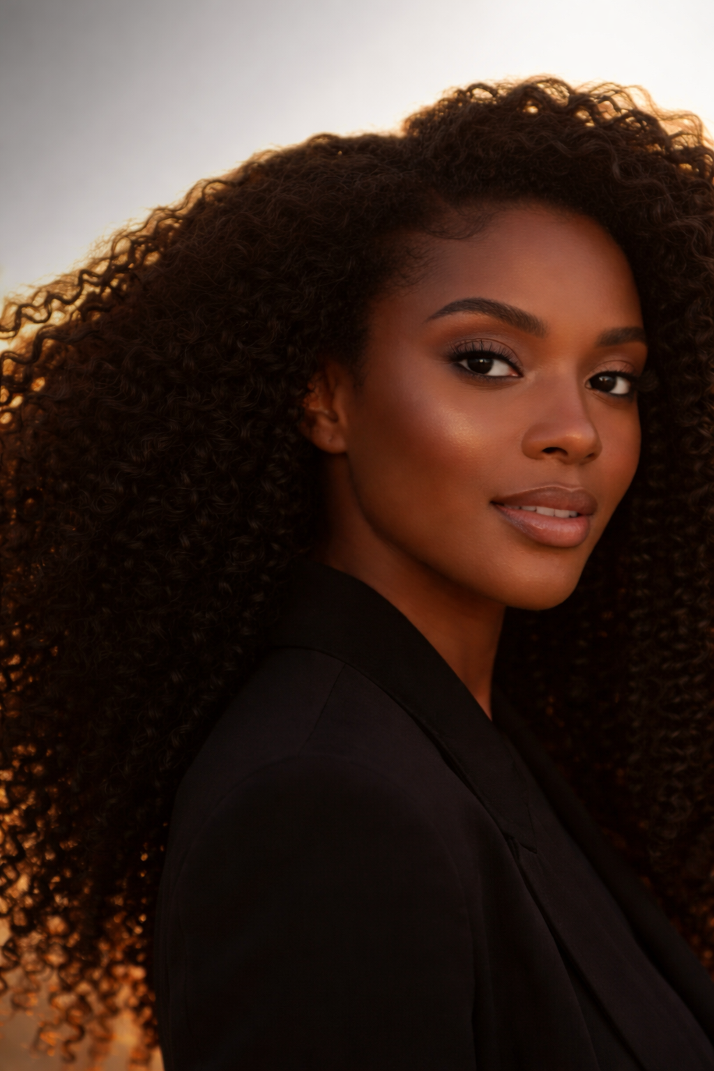 Woman with voluminous curly hair wearing a black outfit against a neutral background